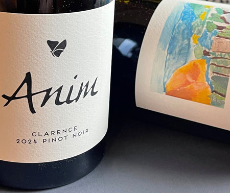 Wine bottle with 'Anim' label on a gray surface
